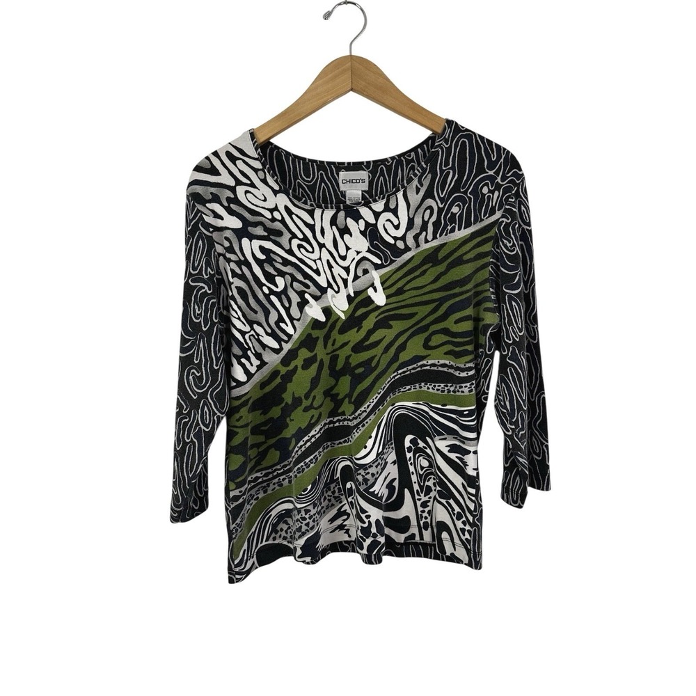 Chico's 1 Knit Shirt Top Women's US Medium Colorful Green Gray‎ White Boho Artsy